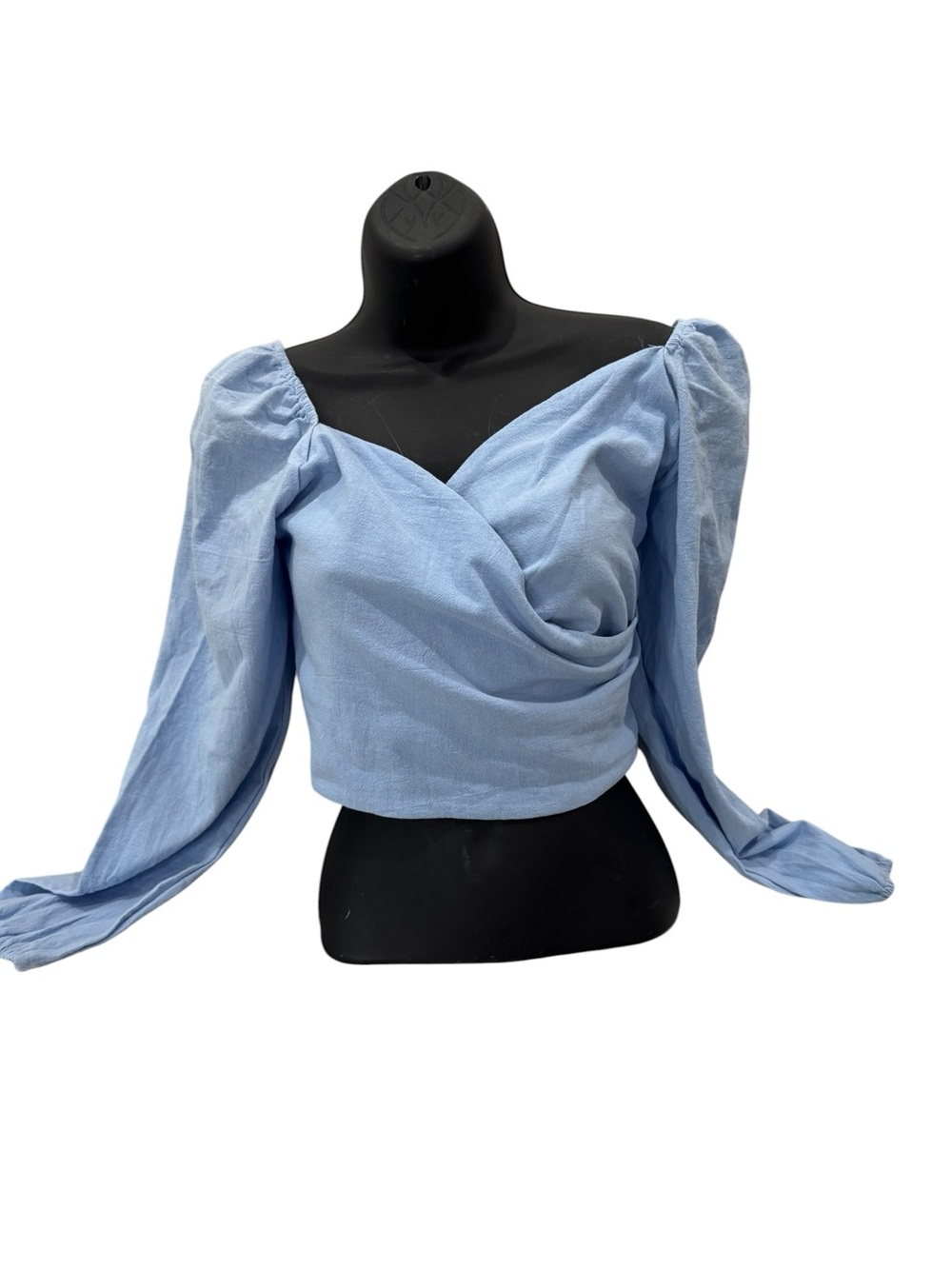 Light Blue Puff Sleeve Wrap Crop Top